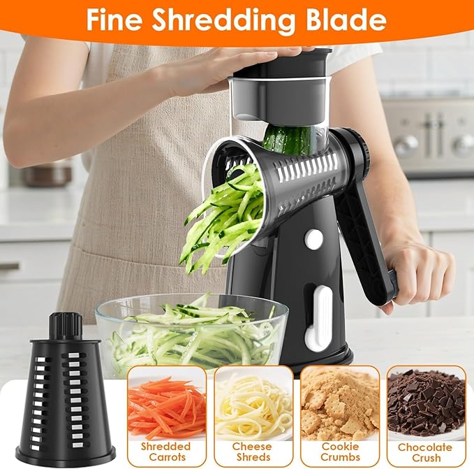 5 Blade Rotary Cheese Grater and Vegetable Chopper with Storage Box and Hand Crank, Compact Shredder for Cheeses, Veggies, Nuts - Easy to Use, Non-slip Suction Base,Black