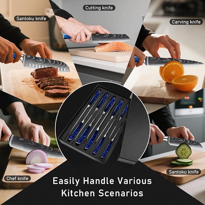 10-Piece Premium Japanese Kitchen Knife Set - Imperial Collection, Laser Damascus Pattern, 440A Stainless Steel Ultra Sharp for Fast Cutting (Blue)