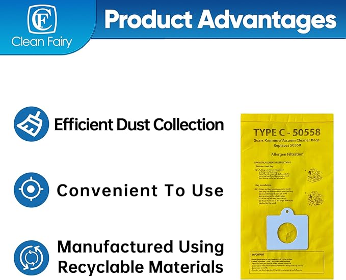 CF Clean Fairy 20Pack Replacement Micro Filtration Vacuum Bags Compatible With Kenmore C&Q 5055, 50557, 50558 Canister Vacuums