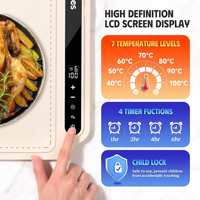 Electric Warming Tray, Portable Silicone Food Warming Mat, Versatile Full Surface Heating Food Warmer with 7 Level Temperature and 6 Hours Timer (White)
