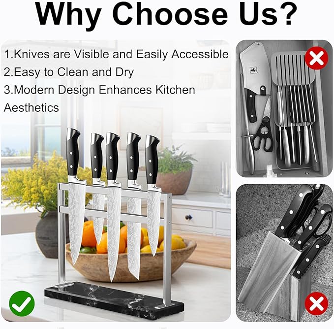 Magnetic Knife Block Stand - Marble Base Magnetic Knife Holder for Counter Top - Double Sided Knife Block without Knives - Stainless Steel Magnetic Kitchen knife holder - Black