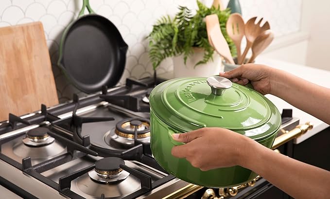 Larder & Vine 5-Piece Enameled Cast Iron Cookware Set - Includes 5.7 Quart Dutch Oven with Lid, 10.25 Inch Skillet, 2.2 Quart Saucepan with Lid (Okra)