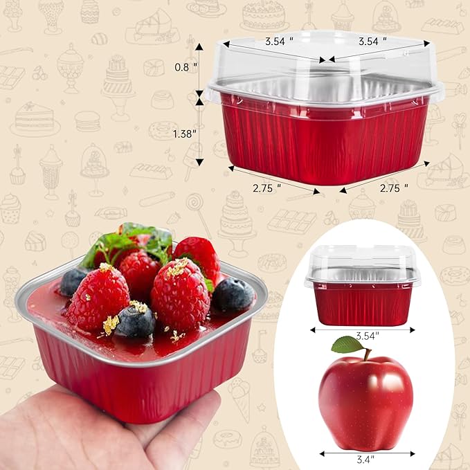 50 Pcs Mini Square Baking Cups with Lids,5oz Aluminum Foil Mini Cake Pans with Lids,Disposable Ramekins Cake Pans,150ml Dessert Cups Cupcake Pans for Wedding Birthday Party,Red