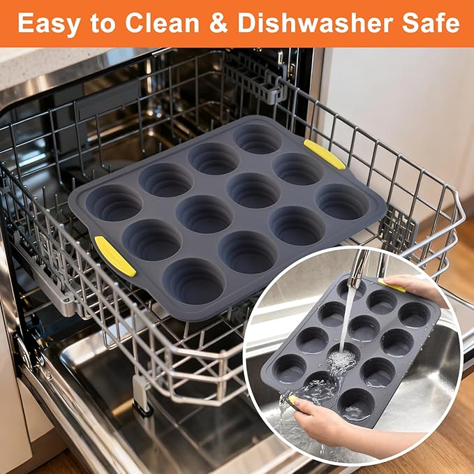 Silicone Muffin Pan for Baking with Metal Reinforced Frame，Foldable Cupcake Pan 12 Cups for Baking Homemade Muffins,Nonstick Cupcake Baking Pan Molds for Oven Dishwasher Safe With Brush and scraper