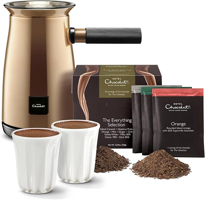Hotel Chocolat Velvetiser - In-Home Hot Chocolate Machine - Barista-Grade Hot Chocolate Maker - Copper Edition - 2 Ceramic Podcups & 10 Single-Serve Sachets