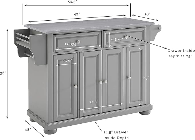 Crosley Furniture Alexandria Stainless Steel Top Rolling Kitchen Island Storage Cart, Microwave Stand, Gray