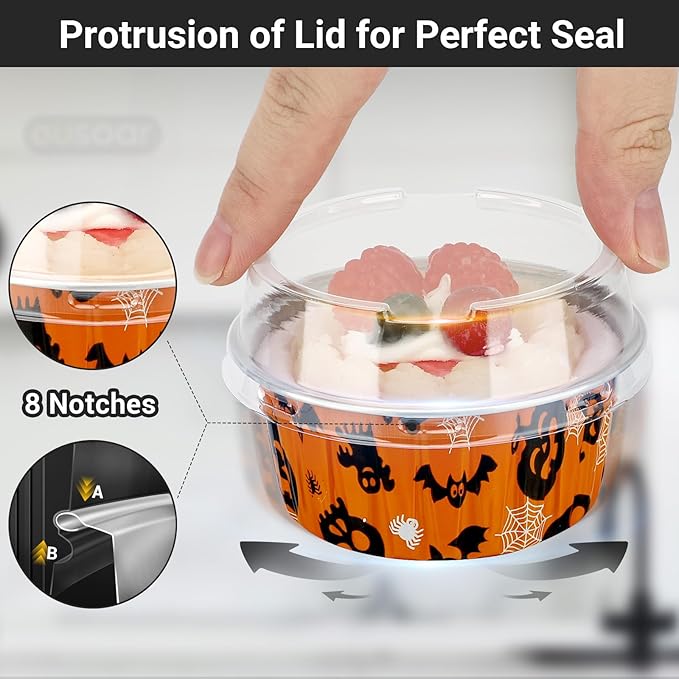 EUSOAR Mini Cheesecake Pans, 100pcs 5oz Halloween Cupcake Liners Baking Cups with Lids, Oven Safe Dessert Muffin Pan Creme Brulee Ramekins Disposable Containers for Gathering Club Wedding Party