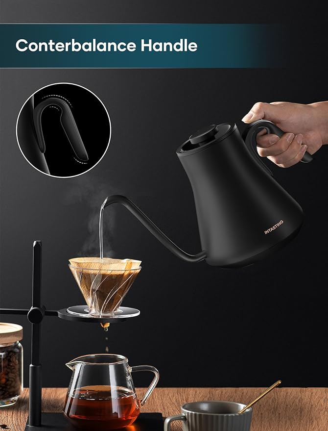 Electric Kettle, Gooseneck Electric Kettle, ±1℉ Precise Temperature Control, Stainless Steel Interior, Quick Heating for Pour Over Coffee, Tea & Boiling Water, 0.9L (Black)