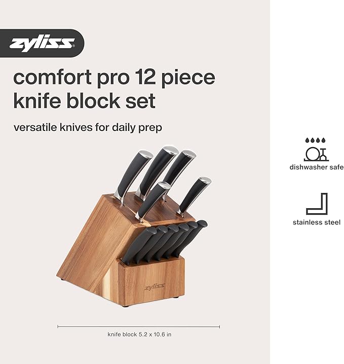 Zyliss Comfort Pro 12-Piece Cutlery Block Set - German Stainless Steel Kitchen Knife Set - Dishwasher Safe Knife Set & Acacia Knife Storage Block - 12 Pieces