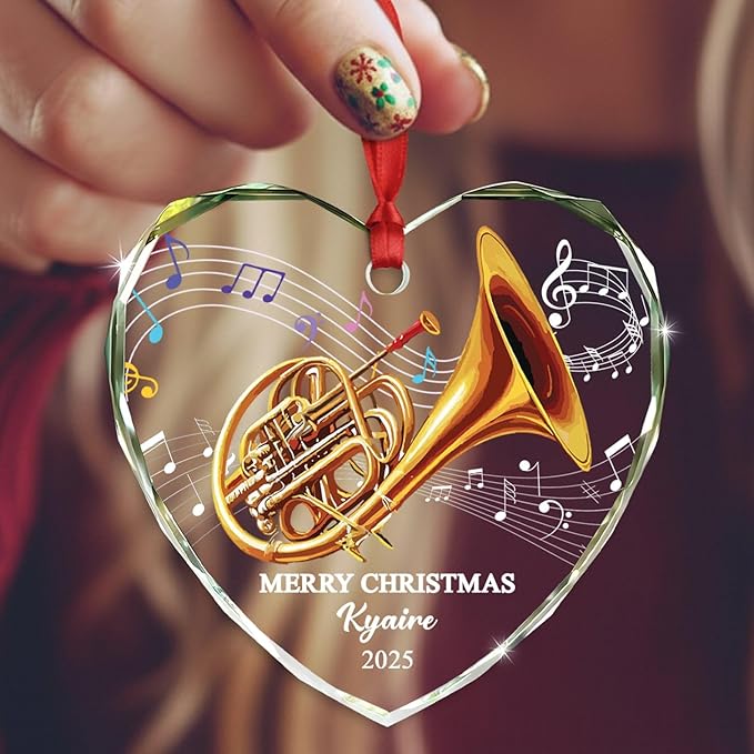 Customized French Horn Instrument Glass Ornament Xmas Tree, Personalized Year Text Name French Horn Lover Christmas Ornaments Gift for Dad Mom Husband Wife Uncle Aunt,Unique Horns Glass Xmas Ornament