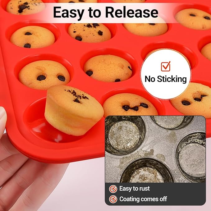 CAKETIME Silicone Mini Muffin Pan, Metal Reinforced Frame 24 Cups Mini Muffin Tin with Handles BPA Free Muffin Silicone Molds for Baking Muffins, Cupcakes, Egg Bites 2 Pack, Red