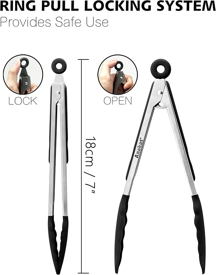 Anaeat Non-Stick Silicone Locking Tong - Stainless Steel 7" Mini Kitchen Food Tongs with Non-Slip Silicone Tips and Grip for Cooking, Baking and BBQ - Heat Resistant up to 480°F (Black)