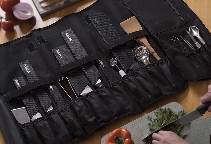 Asaya Chef Knife Roll Bag - 20 Total Pockets for Knives and Kitchen Utensils - Made with Stain Resistant Waxed Nylon - For Chefs and Culinary Students - Knives Not Included(Brown)