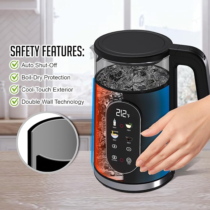 OVENTE Electric Kettle, 1.7L Fast Boiling Water Heater with Digital Touchscreen, Double-Wall Cool Touch Exterior, 5Hr Keep Warm, Auto-Shut Off, Boil-Dry Protection and Borosilicate Glass, Black KD96B