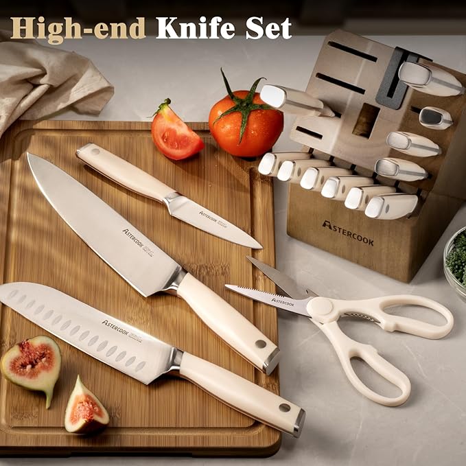 Astercook Knife Set Kitchen with Block and Sharpener Premium Full Tang 17 Pcs German Stainless Steel Knives Dishwasher Safe Kitchen Utensils Set with with and Anti-slip Ergonomic Handle, Cream White