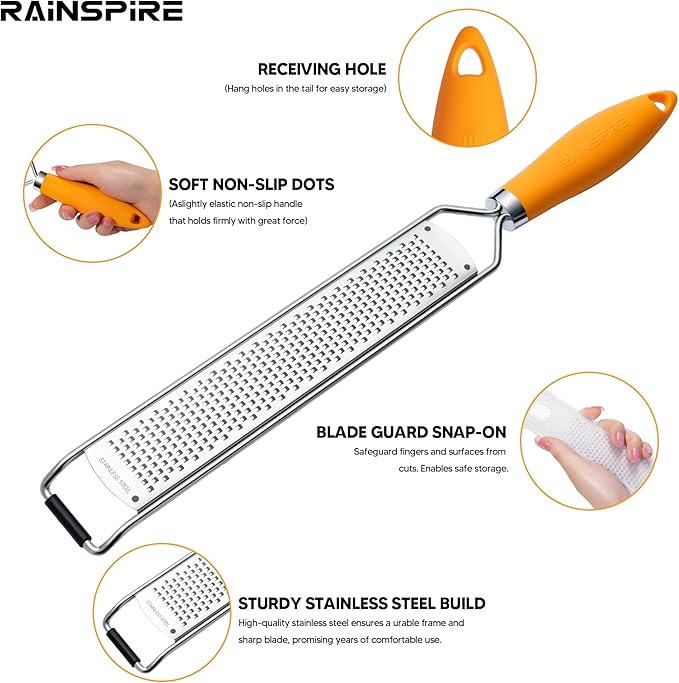 Rainspire Zester Grater with Handle, Lemon Zester Cheese Grater for Kitchen Stainless Steel, Parmesan Cheese Garlic Nutmeg Chocolate Fruits Vegetables Ginger Grater, Fine (Orange)