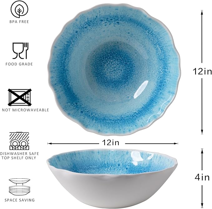 Melamine Serving Bowls, 12'' x 4'' Large Salad/Pasta/Mixing/Fruit Bowls, Set of 2 Break-resistant BPA Free Classic Melamine Bowls, Dishwasher Safe, Blue