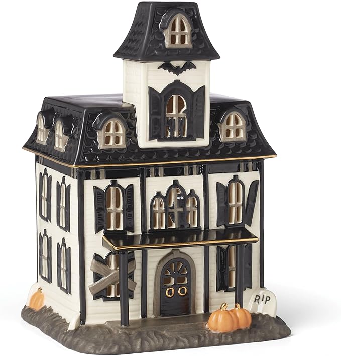 Lenox Vintage Halloween Light-Up House Figurine, 9.25-Inch, Porcelain Haunted House, Halloween Decor Indoor, Fall Decor, Spooky Indoor Decorations (1 Light-Up Figurine) 3 AAA Batteries Not Included