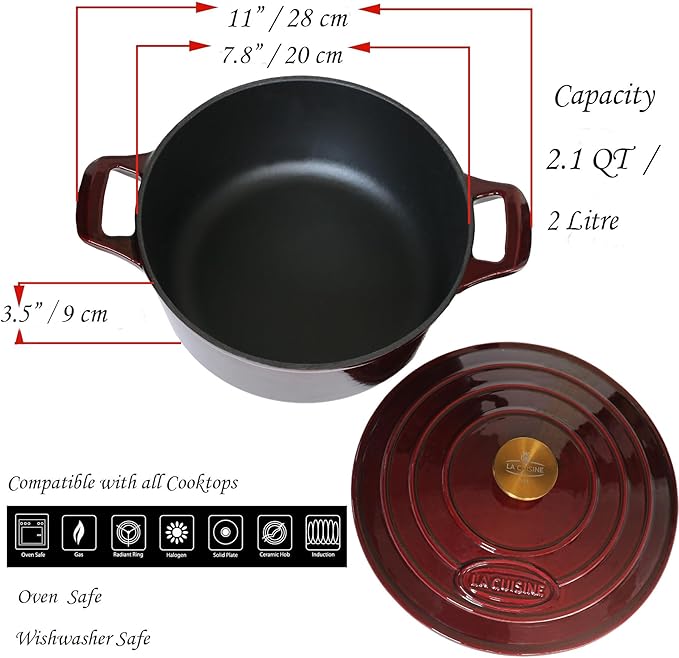 La Cuisine Enameled Cast Iron Dutch Oven Casserole Dish Pot with Lid, 2.1 QT 7.9“ /20cm Dia. Internal Matte Black Enamel Coating, Gold-Plated SS Lid Handle Oven Safe up to 500° F, Cranberry