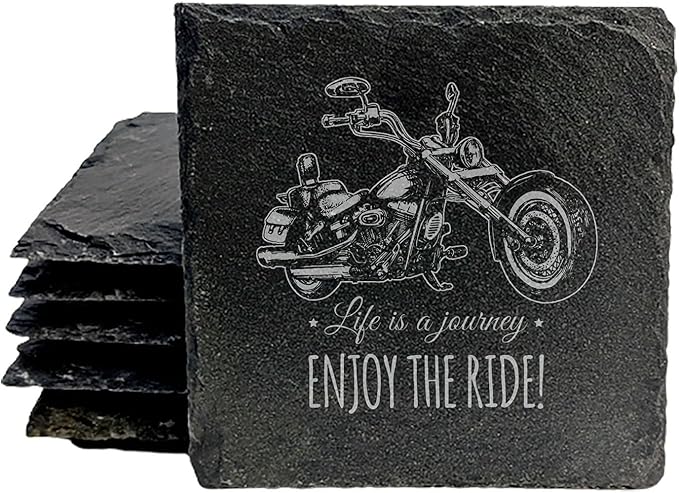 Coast in Style: Rustic Slate Coasters with Motorcycle Design - Square Slate - Set of 6