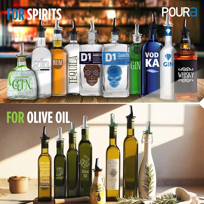 Olive Oil Spout for Olive Oil Dispenser - UK Patented Oil Pourer - Mid Flow Shut Off for Accurate Measurement - One Handed Open & Close Cap Keeps Oil Fresh and Prevents Oxidization - Green 6 Pack
