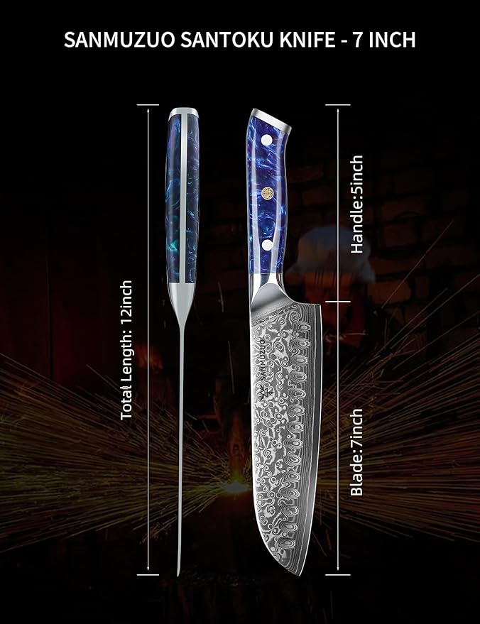 Santoku Knife - 7 inch - Xuan Series - VG10 Damascus Steel Kitchen Knife - Resin Handle (Sapphire Blue)