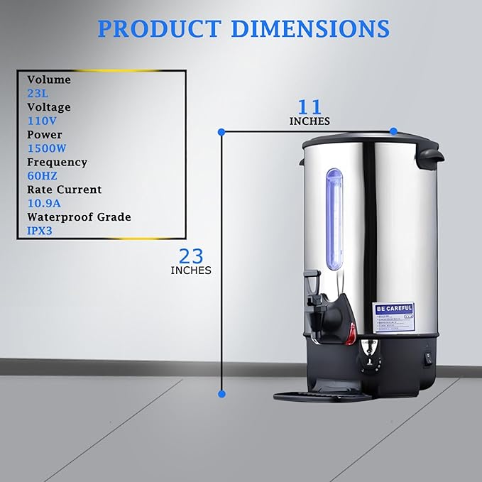 Commercial Electric Kettle Warmer Stainless Steel Hot Water Dispenser Hot Water Boiler And Warmer with Faucet Quick-Temp or Boil for Tea Coffee 1500W 23 Liter Capacity