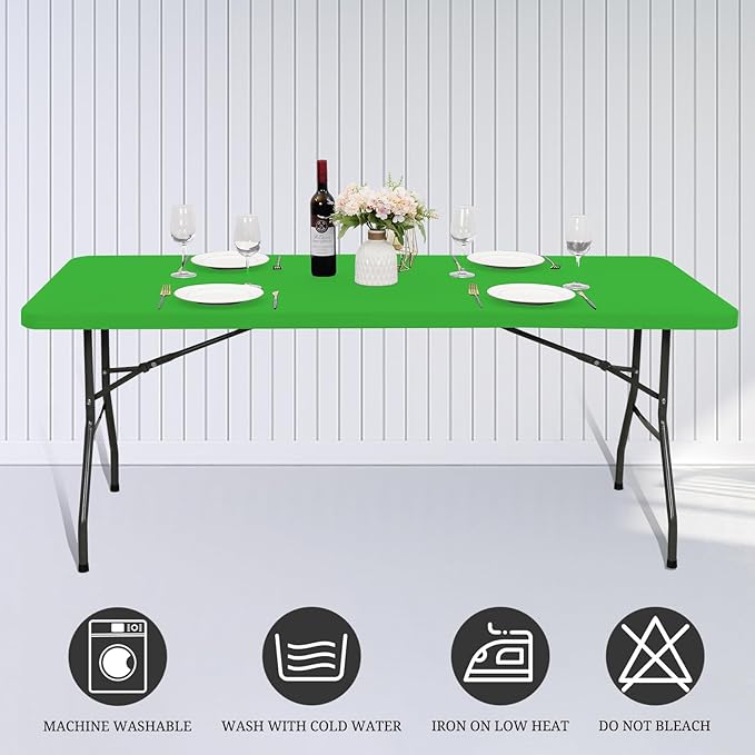 10 Pack Fitted Tablecloth for 6 Foot Rectangle Tables, Green Elastic Outdoor Picnic Table Cover, Washable Stretch Folding Table Cloths 6 ft for Camping Party Patio Kitchen Banquet, 30" W x 72" L