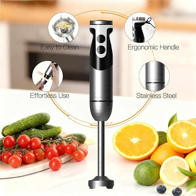MegaWise Pro Titanium Reinforced 5-in-1 Immersion Hand Blender, Powerful Motor with 80% Sharper Blades, 12-Speed Corded Blender, Including 500ml Chopper, 600ml Beaker, Whisk and Milk Frother (Black)