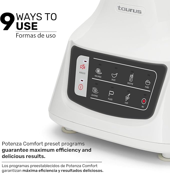 Taurus Potenza Comfort Blender, 1050W, 1.5L Glass Jar, Up to 50% Less Noise, Stainless Steel Blades, 9 Speed Settings, Quiet Powerful Blender for Smoothies, Ice, and Frozen Drinks