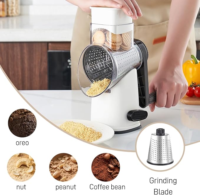Rotary Cheese Graters with 4 Blades, Hand Crank Cheese Grater with Waffle Slicer, Red, Black and White Cheese Shredder with Suction Base, Easier for Shredding & Grating (White, 4 Graters)