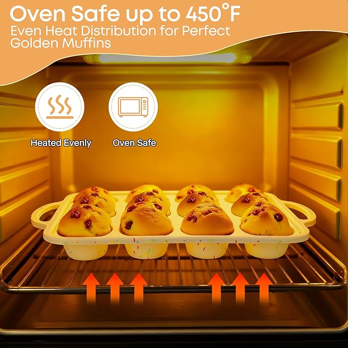 12-Cup Silicone Cupcake Pan, Nonstick Muffin Pan, Dishwasher Safe Muffin Tray with Handles, Food Grade Silicone Muffin Tin for Baking Egg Bites & Cupcakes