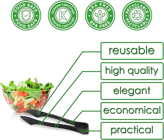PARTY BARGAINS 8.5 Inches Plastic Serving Tongs, 12 Pack, Premium Quality & Heavy-Duty Black Plastic Tongs for BBQ, Salads, Grilling, Buffets, & Kitchen