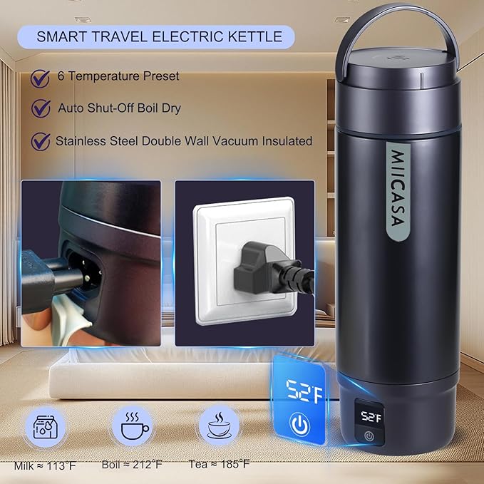 Vacuum Insulated Travel Kettle,Miicasa Stainless Steel Tumbler Small Electric Kettel,Travel Water Boiler with 6 Temperature and Auto Shut-Off Boil Dry,16oz