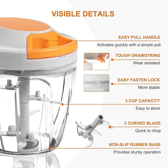 Manual Food Processor Vegetable Chopper, Portable Hand Pull String Garlic Mincer Onion Cutter for Veggies, Ginger, Fruits, Nuts, Herbs, etc., 900ml