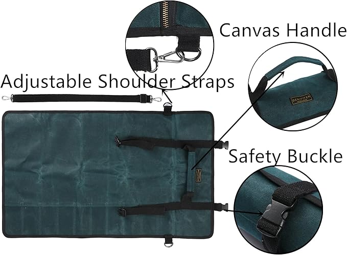 Denifiter Professional Chef's Knife Bag with Anti Cutting Fabric Inside, Heavy Duty 16oz Waxed Canvas Knife Roll, 11 Slots & Durable Handle Adjustable Shoulder Strap (Dark Green)
