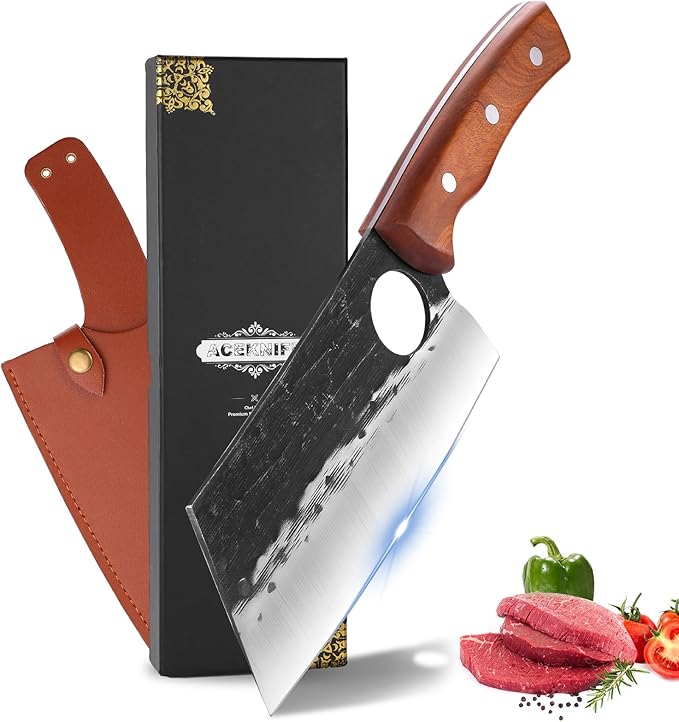 Meat Cleaver Chef Viking Butcher Japanese Cutting Boning Chopping Knife Hand Forged Full Tang Knives with Sheath for Kitchen, Outdoor Cooking, Camping, BBQ, Gift for Man and Women
