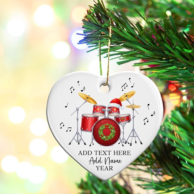 Personalized Drum Set Christmas Ceramic Ornaments 2025, Drummer Christmas Ornament for Men Women, Drum Xmas Tree Ornament with Custom Text Name & Year, Xmas Decor Gift for Drummer Band Music