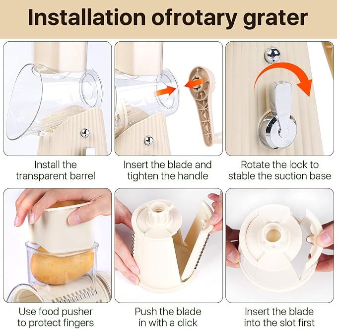 Manual Rotary Cheese Grater, White, 5-in-1 Vegetable Slicer with Suction Base, Stainless Steel Blades, Hand Crank Design for Kitchen