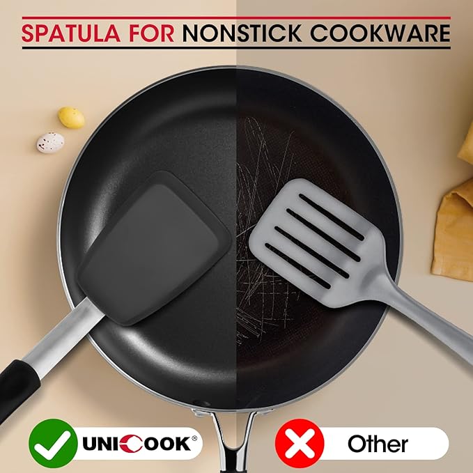Unicook Flexible Silicone Spatula Turner 2 Pack, 600°F Heat Resistant Spatula for Nonstick Cookware, Essential Kitchen Cooking Utensil for Flipping Eggs, Burgers, Crepes and More, Small and Medium