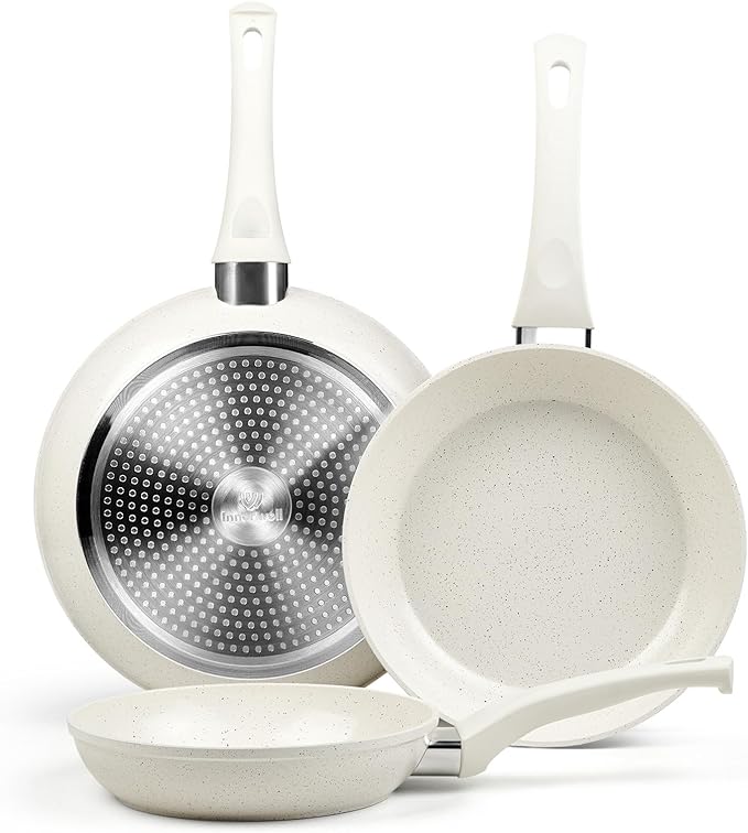 Innerwell Ceramic Frying Pan Set, Set of 3 Non Stick Frying Pans, White Ceramic Induction Cookware, Nonstick Skillet Omelette Egg Frying Pan Set, kitchen Cooking Pan Set, PFOA&PFAS Free