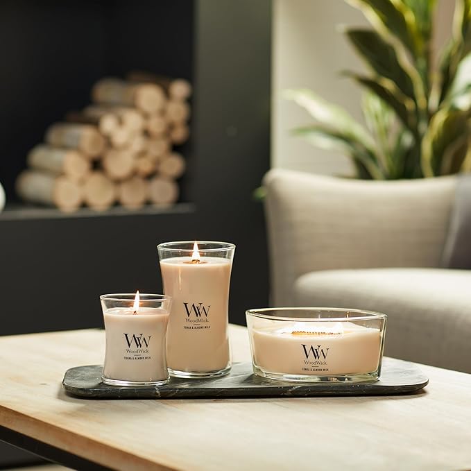 WoodWick Tonka & Almond Milk Gifts for Women and Men, 21.5 oz Large Hourglass Candle with Crackling Wick