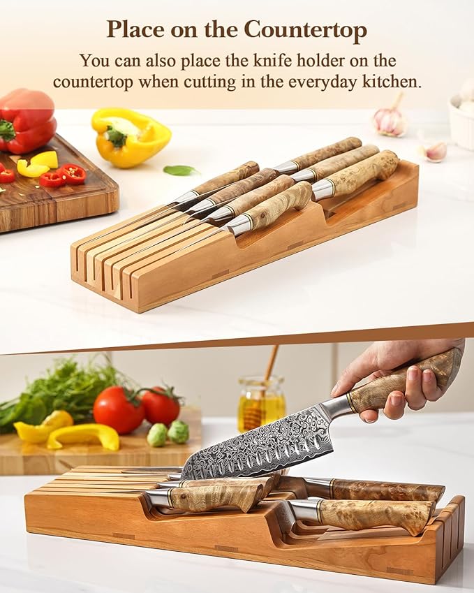 HEZHEN 7-slot Cherry Wood In-drawer Knife Tray,Kitchen Storage Organization Organizer Insert,Saves Countertop Space
