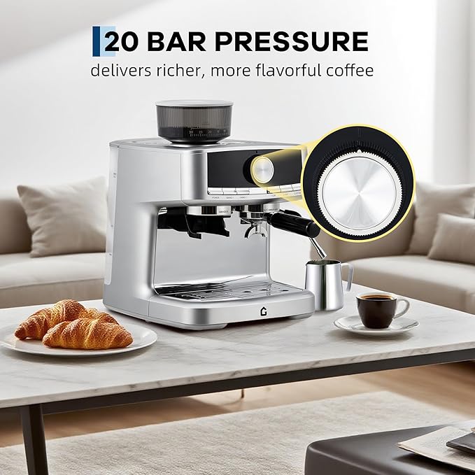 Garvee 20 Bar Pressure Stainless Steel Espresso Machine with Grinder, 1.5L Removable Water Tank, Milk Frother Steam Wand for Latte/Cappuccino - Adjustable Shot Volume, Professional Home/Office Use