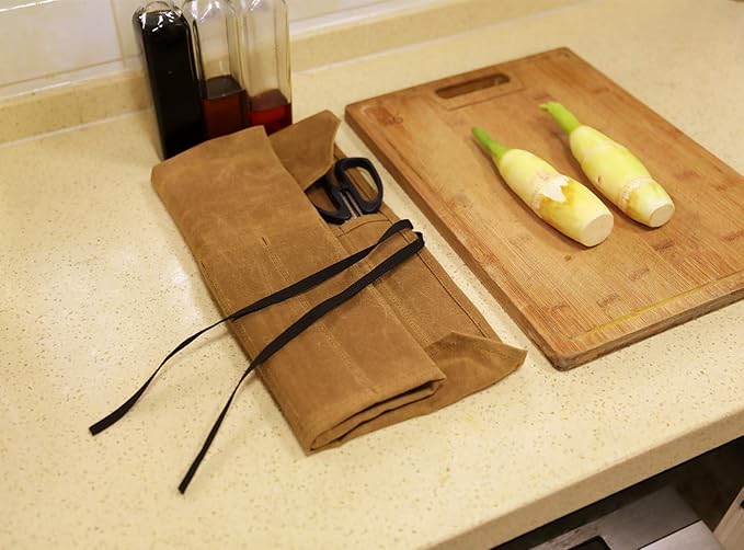 Denifiter Knife Cases Organizer-Durable 16OZ Waxed Canvas Knife Roll Construction-7 Pockets - (Khaki)