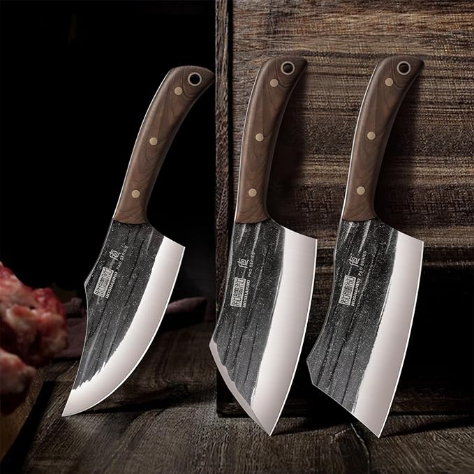 HOSHANHO Butcher Knife Set, 3-Piece High Carbon Steel Serbian Chef Knife Set of Heavy Duty Boning Knife & Meat Cleaver Knives & Viking Knives for Home, Cooking, Outdoor Camping BBQ