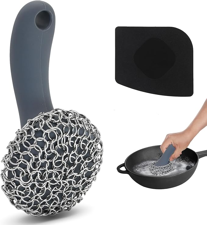 Cast Iron Scrubber with Long Handle | 316 Cast Iron Cleaner Chainmail Scrubber for Pan Skillet Cleaner - Dish Scouring Pad Dishwasher Safe Cleaning Kit (Grey, 1 Scrubber + 1 Scraper)