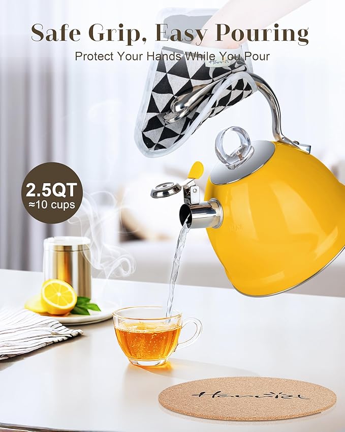 Harriet Tea Kettle Stovetop, 2.5 QT Whistling Stainless Steel Teapot, 3-Layer Base, Unique Ergonomic Handle, Includes Pot Holder & Mat, Electric/Induction/Gas Stovetops Applicable, Yellow