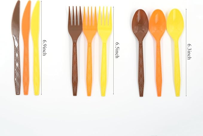 360-Piece Thanksgiving Plastic Tableware Set, Disposable Heavy Tableware Set, Including 120 Pieces Of Orange, Yellow and Brown Knives and Forks, Thanksgiving Party Supplies
