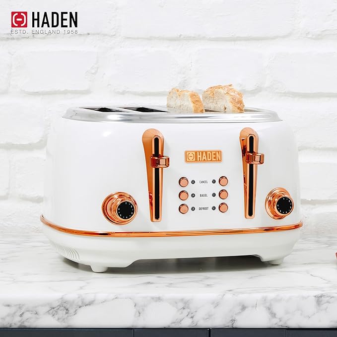 Haden Heritage 4 Slice Wide Slot Stainless Steel Toaster Bundled with 1.7 Liter Stainless Steel Electric Water Kettle, Ivory & Copper